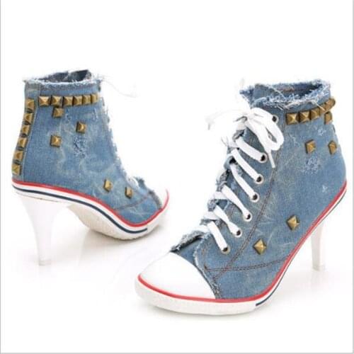 Women pumps Denim Lace Up 8CM Thin Heels High heels Round Toe Ankle Strap rivet Shallow mujer bombas women shoes size 35-42