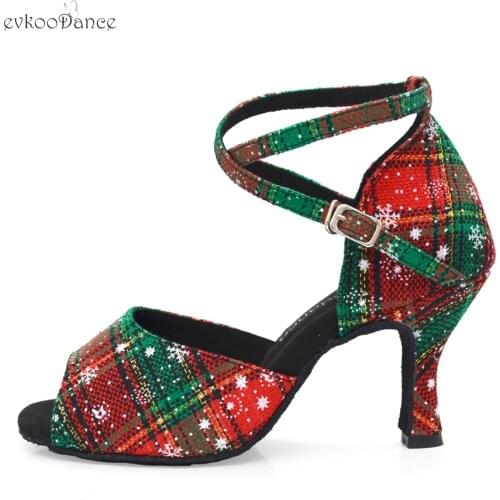 Evkoodance New Chirstmas Latin Dance Shoes Women Unique 7CM Heels Soft Sole Latin Salsa Ballroom Dancing Shoes for Ladies Girls
