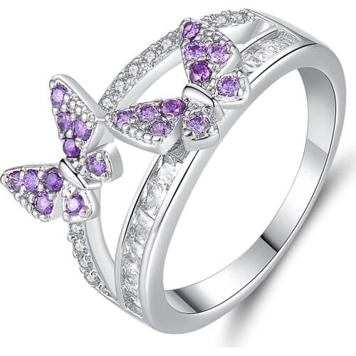 MOONROCY CZ Wedding Rings Silver Color Crown Purple Crystal Butterfly Ring for Women Girls Dropshipping Party Jewelry Wholesale