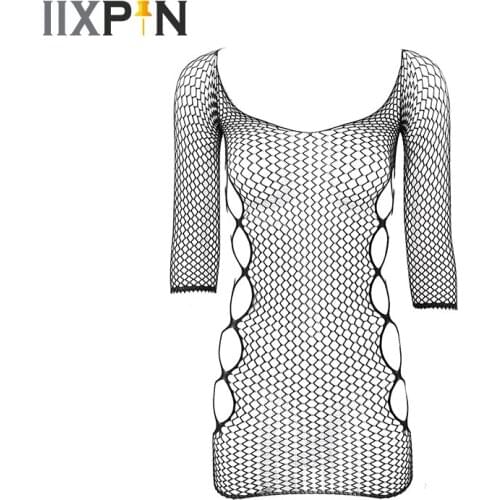 Women Sexy Dress Hollow Out Fishnet Babydoll Chemise Off Shoulder Long Sleeves See Through Erotic Mini Dress Bodystocking Dress
