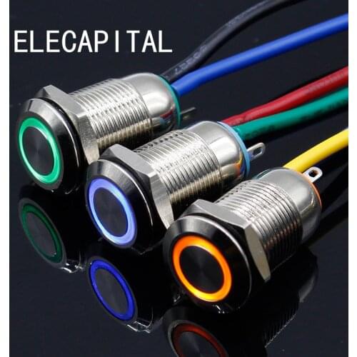 1PC 12MM with LED 12V 24V 220V Metal Button Switch locking push button Self locking waterproof illuminated