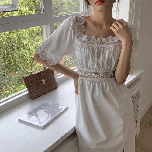 2021 New Women Summer Vintage Lace Patchwork Long White Dress Square Collar High Waist A-line Maxi Pullover Dress