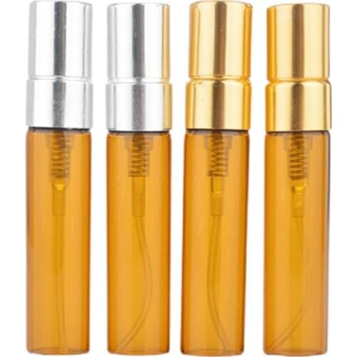 50pieces 5ML Amber Brown Glass Spray Bottle Perfume Sample Vial Cosmetic Parfum Essential Oil Packing Atomizer Gold Silver Pump