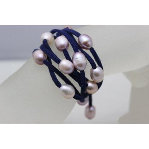 Perfect Leather Pearl Jewelry Dark Blue Leather Natural Purple Color Freshwater Pearl Necklace 48 inches No Metal