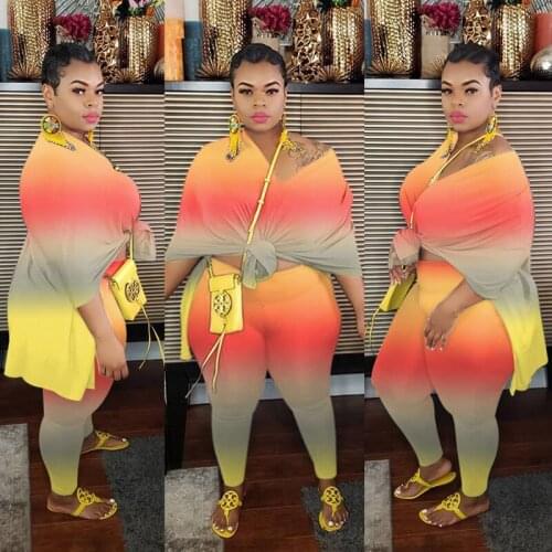 OMILKA Gradient Color 2 Piece Set Women Short Sleeve Side Split T Shirt and Long Sweatpant Set 2020 Summer Plus Size 5XL Outfits