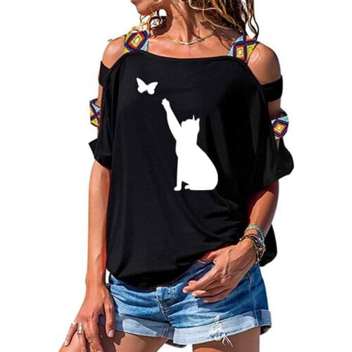 Cat catching butterfly Print Women tshirt Cotton Casual Funny t shirt For Lady Girl Short Sleeve Sexy Hollow Out Shoulder Tops