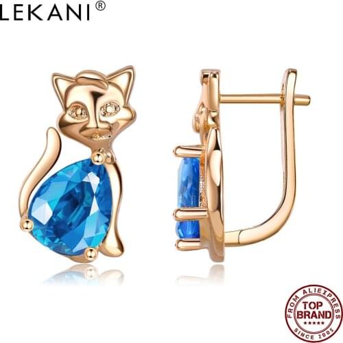 LEKANI Stud Earrings Women Cute Cat Copper Earring Water Drop Blue Cubic Zirconia Female Anniversary Fashion Jewelry Recommend