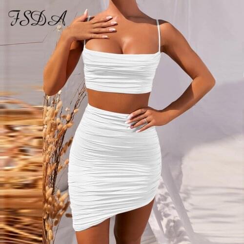 FSDA 2020 Summer Spaghetti Strap Crop Top And Bodycon Mini Skirt Sexy Black Women Set Party Outfit Club Two Piece Sets White