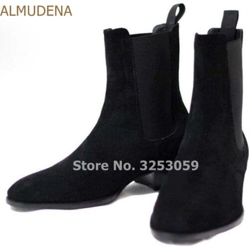 ALMUDENA Luxurious Real Leather Mens Middle Chunky Heel Motorcycle Boots Cool Sankeskin Printed Chelsea Boots Suits Shoes Eu46