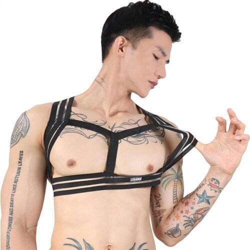 Sexy Elastic Polyester Mens Harness Chest Black White Bondage Body Harness Men Halter Neck Hollow Out Costume for Nightclub