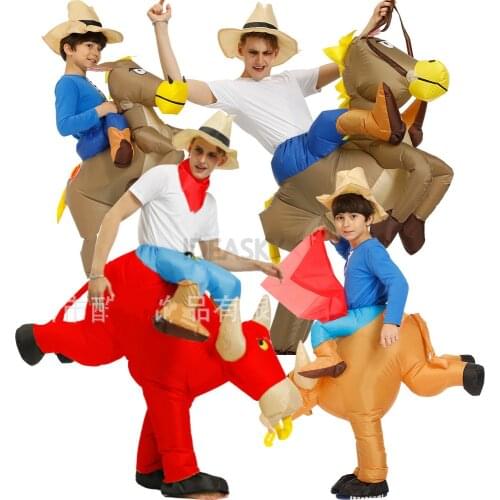 Inflatable Cow Costume Ride on Bull Cowboy horse Cosplay Costume Purim Halloween Costumes for Women Men Kid Party Fancy Dress