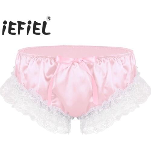 New Arrival Sexy Panties Mens Shiny Soft Ruffled Floral Lace Satin Lingerie Low Rise Stretchy Sissy Bikini Briefs Underwear