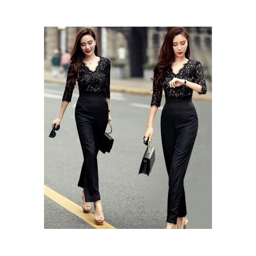 New design women sexy v-neck long sleeve eyelash lace perspective bodycon long pants OL jumpsuit rompers long trousers SMLXLXXL