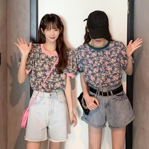 New Summer Sweet Retro Loose Print O Neck Small Floral Short Sleeve T-Shirt Womens Top