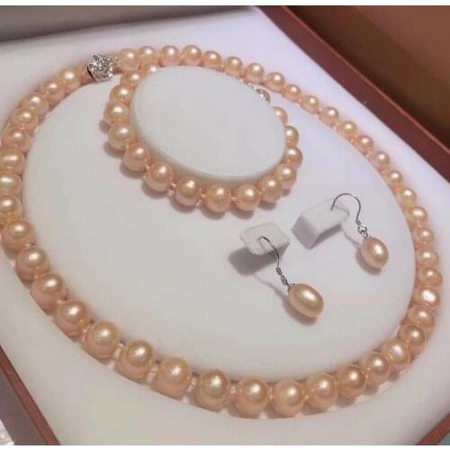8-9mm Natural Pink Akoya Cultured Pearl Beads Necklace + Bracelet+ Earrings Set