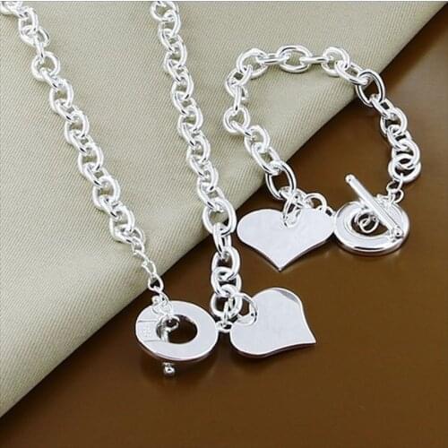 High Quality 925 Sterling Silver Heart Shape Pendant Necklace Bracelet Jewelry Sets For Women Men Classic Gift