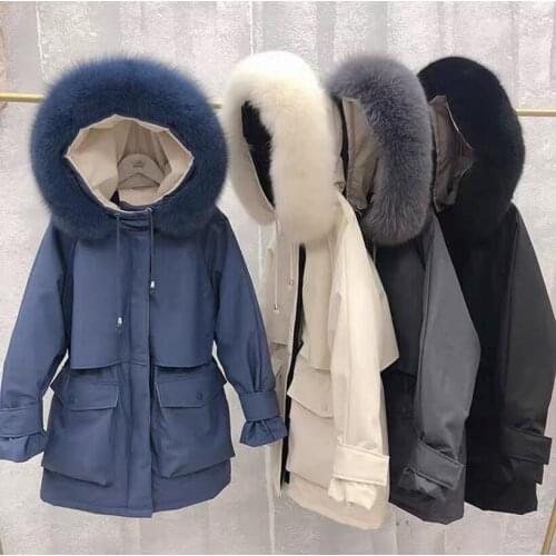 2021 Winter Jacket Women Large Natural Fox Fur White Duck Down Coat Thick Parkas Warm Sash Tie Up Zipper Down Snow Outerwear