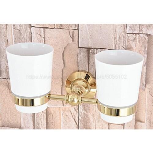Luxury Bathroom Golden Polished Toothbrush Holder Solid Brass Base Dual Ceramics Cups Wall Mounted zba315