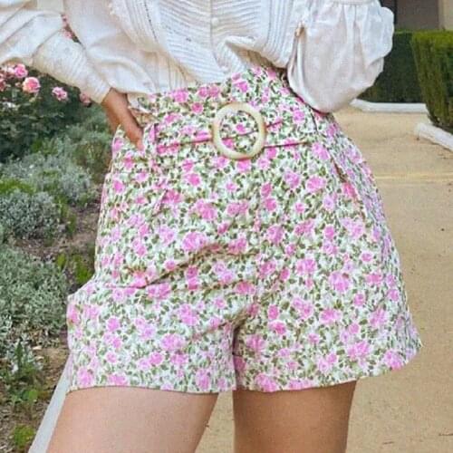 Short Rome Peonies Print High Waist Pockets Loose Casual Shorts Femme Belt Elegant Chic Short taille haute et jambe évasée