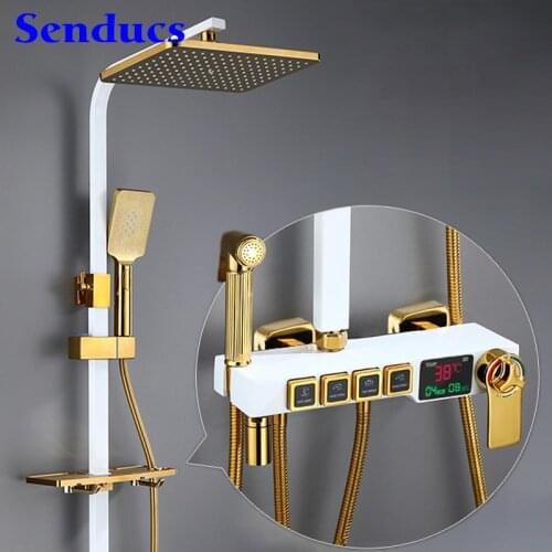 Senducs White Gold Thermostatic Shower System Quality Brass Bathtub Mixer Faucets Rainfall Shower Head Digital Bath Shower Set