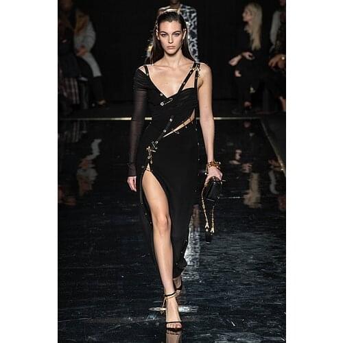 High Quality Black Long Sleeve One Shoulder Open Fork Rayon Bandage Dress Cocktail Party Bodycon Dress