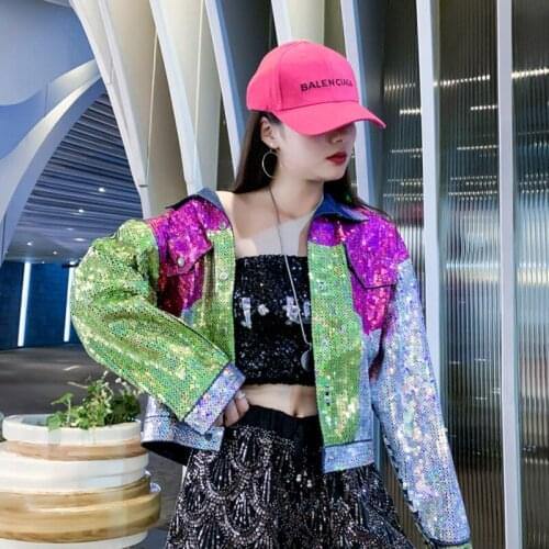 Womens New Sequined Denim Jackets Turn Down Collar Button Pocket Long Sleeves Loose Hip Hop Print Patchwork Denim Coats