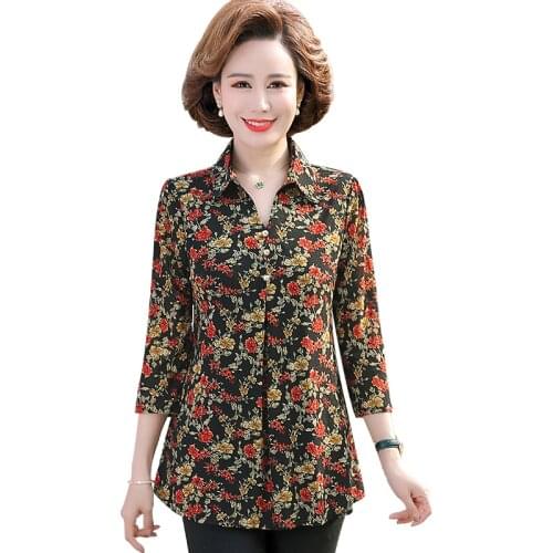 Spring WomenS Floral T-Shirt 2021 New 3/4 Sleeve Tee Shirts Femme Tops Lapel Bottom Tops XL-5XL Plus Size Summer Clothing