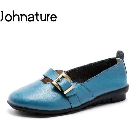 Johnature 2020 New Spring/autumn Round Toe Solid Shallow Soft Sole Comfortable Sewing Genuine Leather Loafers Womens Flat Shoes