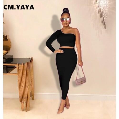 CM.YAYA Women Set Solid One Shoulder Full Sleeve Crop Tops Skinny Long Skirts Two 2 Piece Sets Fashion Casual Outfit Autumn 2021