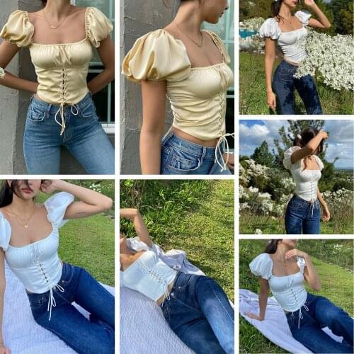 Women’s Fashion Puff Sleeve Pullover Tops Korean Solid Color Lace-Up Exposed Navel T-shirt