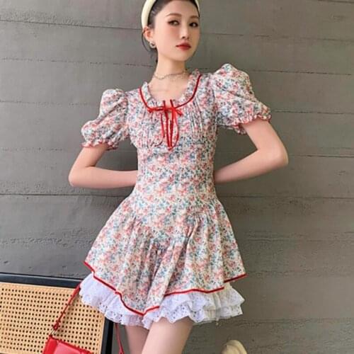 French Vintage Floral Print Summer Dress Women 2021 Korean Cute Lace Spliced Contrast Puff Sleeve Sweet Mini Dress Beach Robes