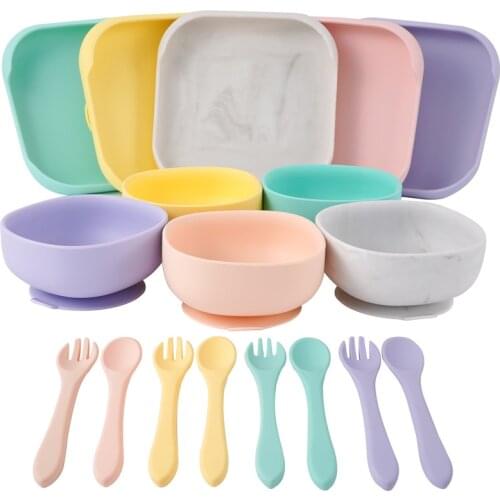 2021 New Design Square Bowl Dinner Plate Silicone Fork Spoon Cutlery Set Baby Kids Training Feeding Dinnerware BPA Free