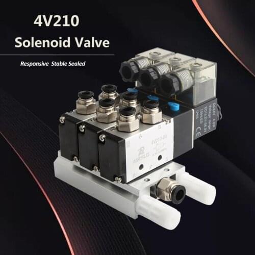 4V210-08 DC24V 12V AC220V AC110V 2 Positions 5 Way Quadruple Solenoid Valve With Muffler Fitting Base Manifold