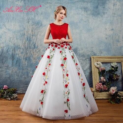 AXJFU Red flower rose white lace evening dresses princess rose lace evening dresses sister stage red flower evening dresses