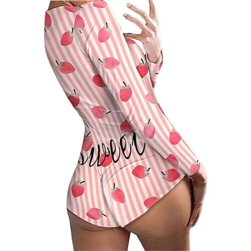 Sexy Onesie Nightwear For Women Pijamas Jumpsuit Pink strawberry Print Home Sleepwear Autumn Long Sleeve Bodysuit Lingeri