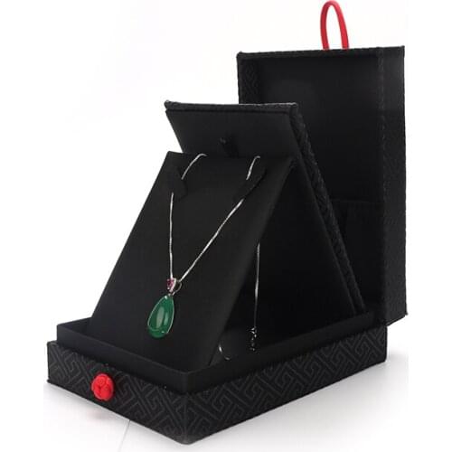 Fashion Jewelry Organizer Box For Engagement Earring Necklace Ring Display Gift Black Brocade Women Jewellery Packaging Case