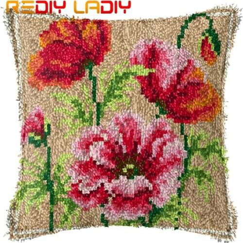 Latch Hook Cushion Three Poppy Printed Canvas Cushion Front Acrylic Yarn Crochet Pillow Case Kits Sofa Bed Pillows Home Decor