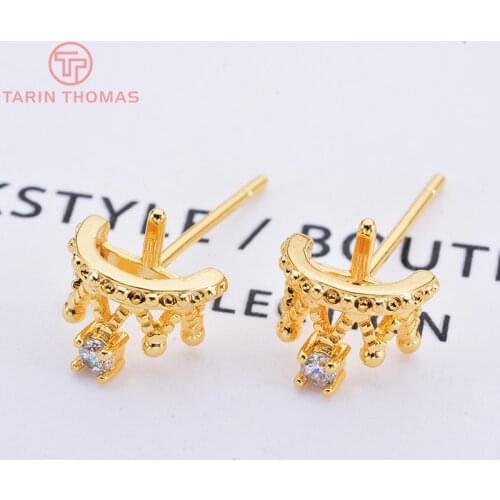 6PCS 7x5MM 24K Gold Color Plated Brass with Zircon Crown Stud Earring Jewerly Making Diy Jewelry Findings Accessories Wholesale