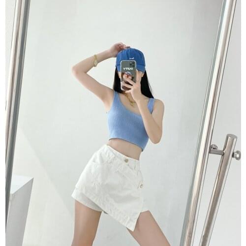 Summer Asymmetric High Waist Stitching Wrap Irregular Hem Cool Denim Shorts Wide Leg Hot Pants for Women