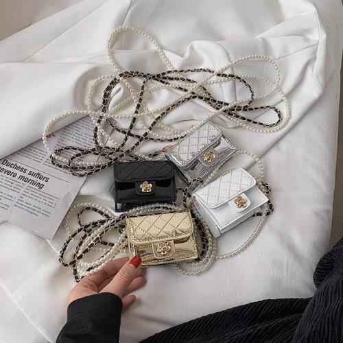 Mini Small Square Bag Japanese and Korean Pearl Crossbody Glossy Diamond Embroidery Thread Graceful Chain Change Lipstick Pack