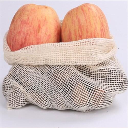 Reusable Cotton Vegetable Bags Home Kitchen Fruit And Vegetable Storage Mesh Bags With Drawstring Machine Washable