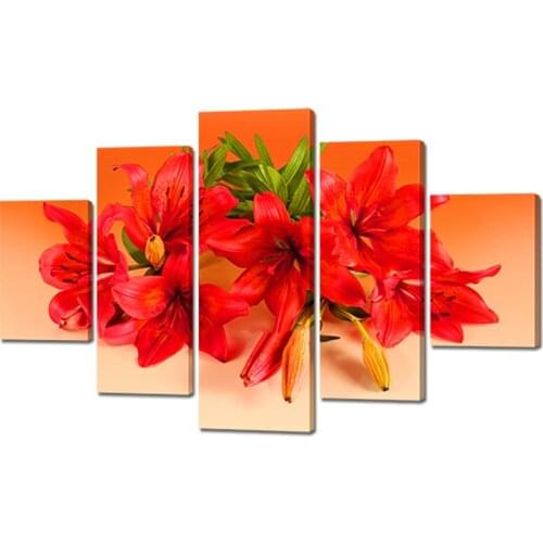 5 Panel Diamond Painting Red Lily full Square Round drill diamond embroidey cross stitch Flower picture mosaic stones A2433