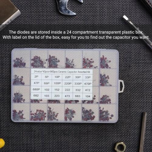 960pcs Ceramic Capacitor Assorted Kit 2pF-0.1uF 24 Values * 40pcs DIP Ceramic Chip Capacitors Set with Transparent Plastic Box