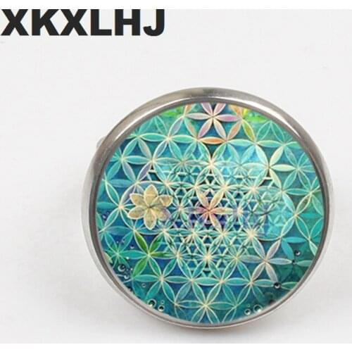 XKXLHJ 2018 New Yoga Lucky Amulet Flower of Life Art Photo Zen Ring Ornament Glass Round Ring Jewelry Gift