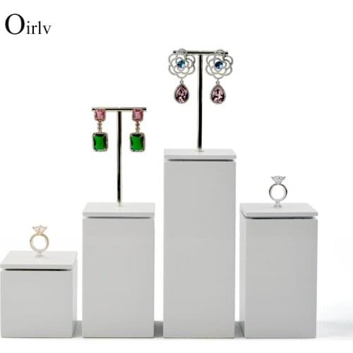 Oirlv New White Solid Wood Jewelry Display Stand with Metal/Acrylic Ring Stand Dangle Earrings Display Holder Showcase Exhibitor