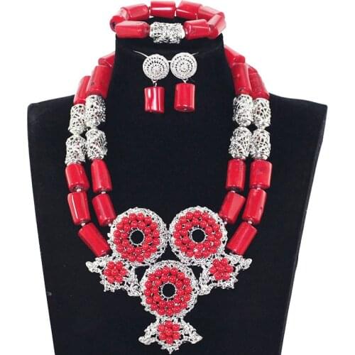 Original Red Coral Bead Bib Statement Necklace Set Nigerian Coral Jewelry Sets for Brides Women Silver Party Jewelry Set CNR095