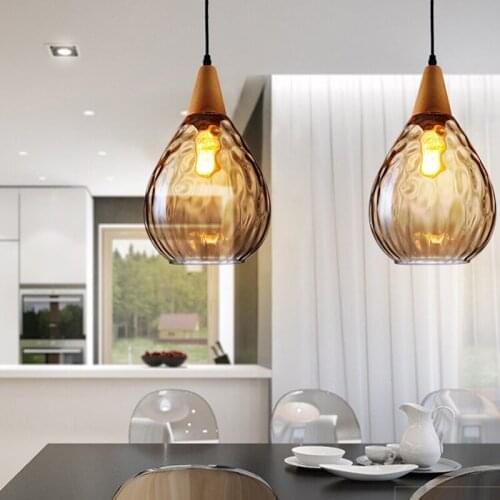 Kitche Pendant Lighting Amber Glass Pendant Light Bar Modern Lamp Hotel Wood Lights Room Study Office Ceiling Lamp Bulb Include