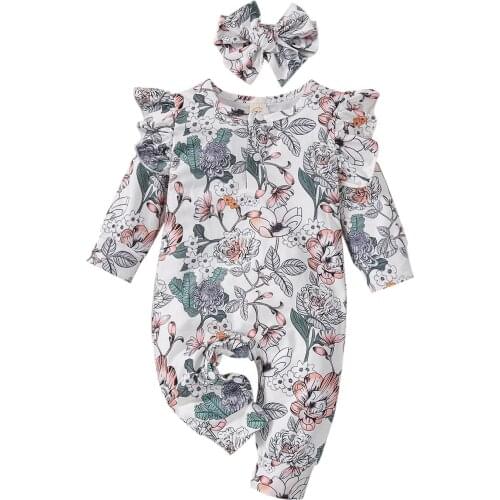 Infant Baby Girl’s Casual Long Sleeve Jumpsuit Fashion Flower Round Neck Long Romper with Headband