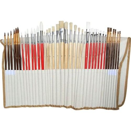 PPYY-38Pcs Brush Painting Watercolor Varnish Rod Pig Bristle Oil Painting Drawing Pen Nylon Wood Brush with Canvas Bag Set