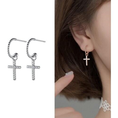 Real 925 Sterling Silver Cross Drop Earrings Dainty Zircon Cross Jewelry for Women Girls